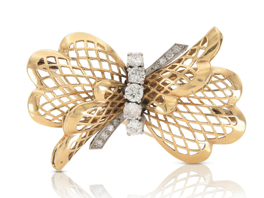 Vintage 1940s Retro Gold and 2.00 Carat Diamond Bow Brooch