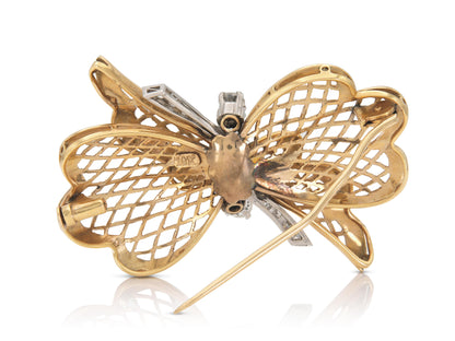Vintage 1940s Retro Gold and 2.00 Carat Diamond Bow Brooch