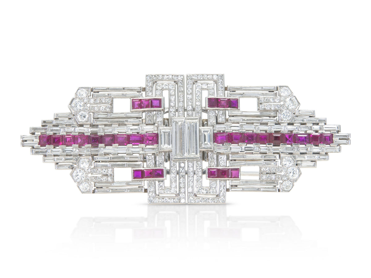Antique Art Deco 1930s 12.00 Carat Diamond & 6.00 Carat Rubies Double Brooch