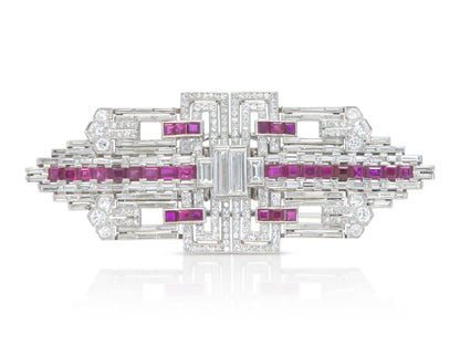 Antique Art Deco 1930s 12.00 Carat Diamond & 6.00 Carat Rubies Double Brooch