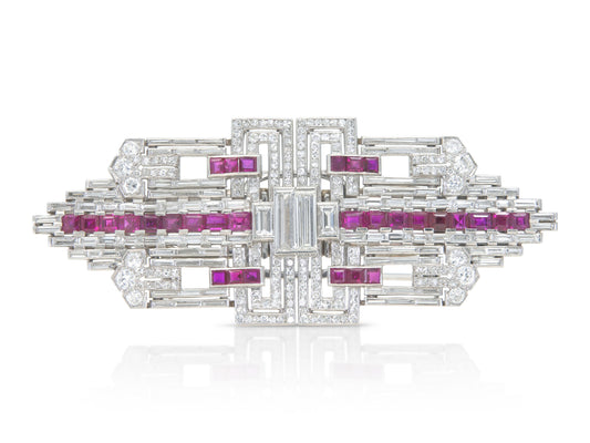 Antique Art Deco 1930s 12.00 Carat Diamond & 6.00 Carat Rubies Double Brooch