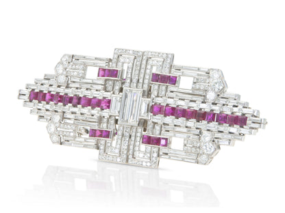 Antique Art Deco 1930s 12.00 Carat Diamond & 6.00 Carat Rubies Double Brooch