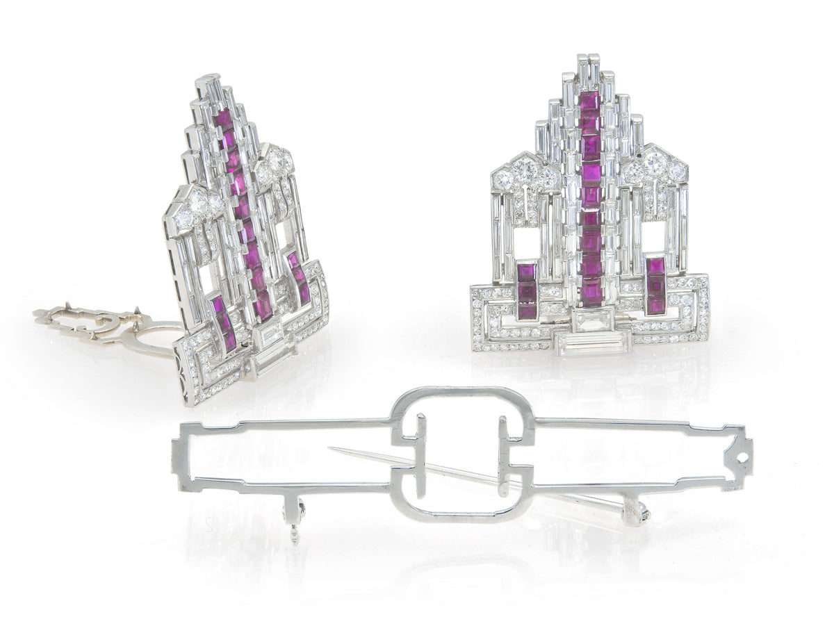 Antique Art Deco 1930s 12.00 Carat Diamond & 6.00 Carat Rubies Double Brooch