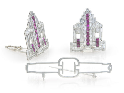 Antique Art Deco 1930s 12.00 Carat Diamond & 6.00 Carat Rubies Double Brooch