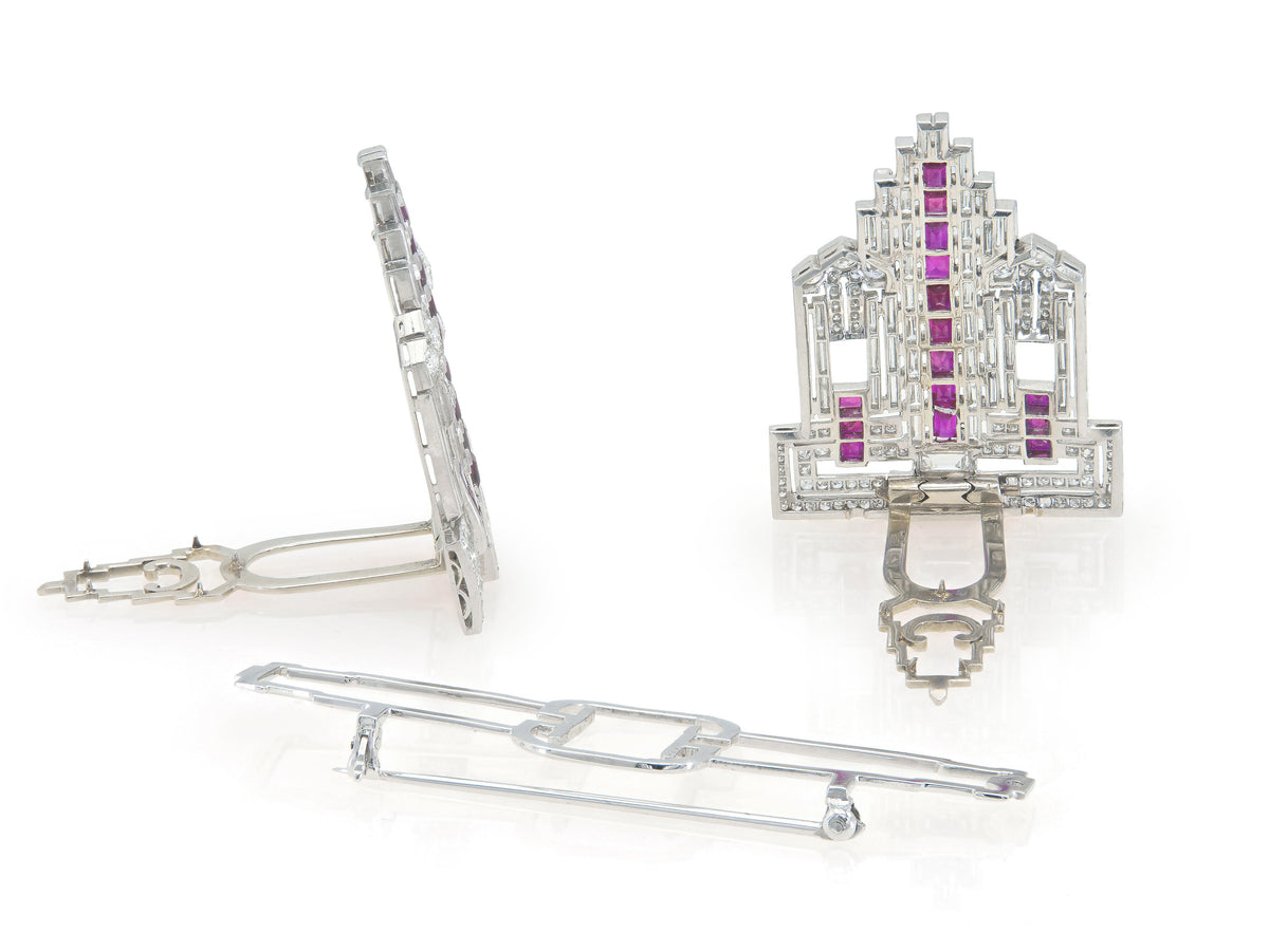 Antique Art Deco 1930s 12.00 Carat Diamond & 6.00 Carat Rubies Double Brooch