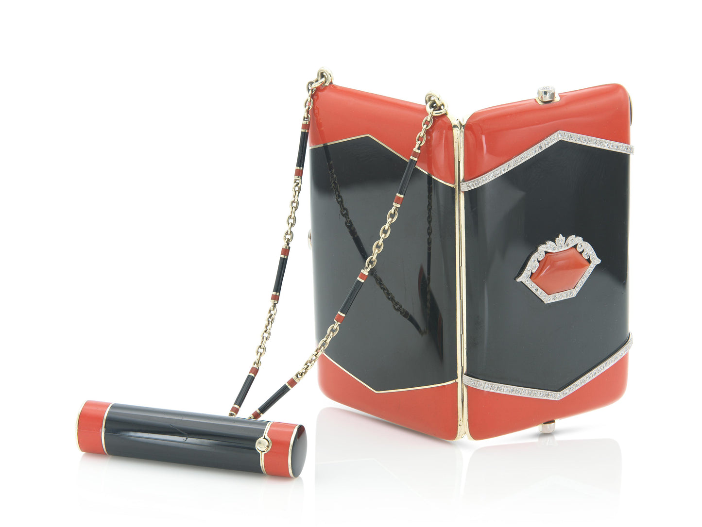 Antique 1920s Enamel Compact with Coral and Diamonds