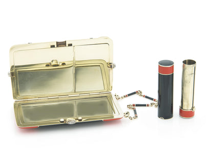 Antique 1920s Enamel Compact with Coral and Diamonds