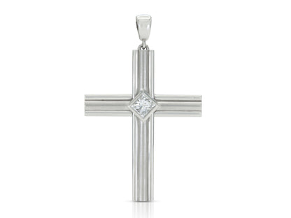 Vintage 1990s Cartier 1.75 Carat Princess Cut Diamond and Platinum Cross Pendant