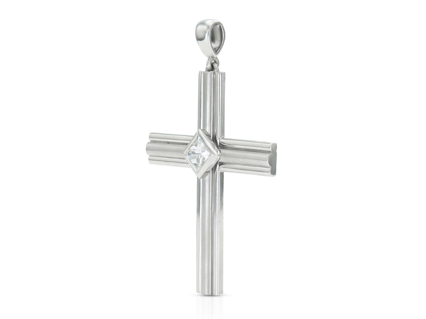 Vintage 1990s Cartier 1.75 Carat Princess Cut Diamond and Platinum Cross Pendant