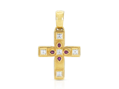 Vintage 1990s Cartier Byzantine Cross Pendant with Diamonds and Rubies