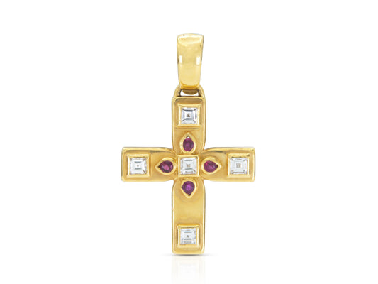 Vintage 1990s Cartier Byzantine Cross Pendant with Diamonds and Rubies