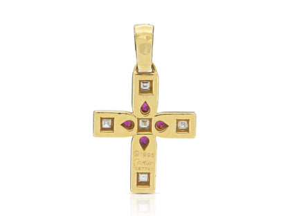Vintage 1990s Cartier Byzantine Cross Pendant with Diamonds and Rubies