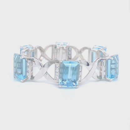 Vintage 1940s Retro 90.00 Carat Emerald Cut Aquamarine Bracelet with Diamonds