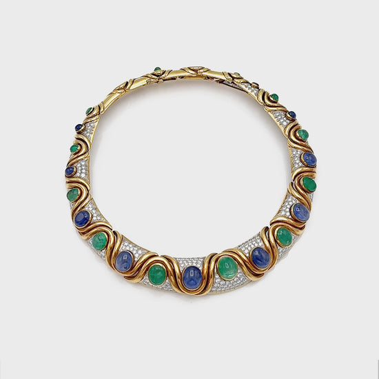 Vintage 1970s David Webb Cabochon Emerald and Sapphire Necklace with Diamonds
