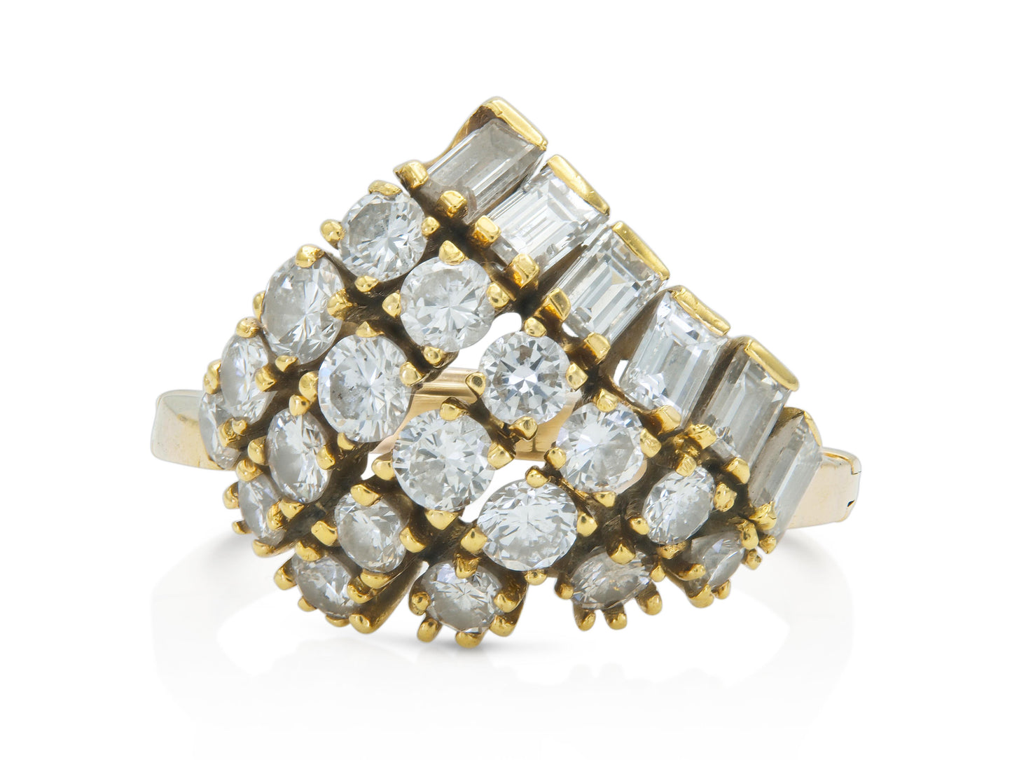 Vintage 1970s 2.10 Carat Baguette and Round Cut Diamonds Ring