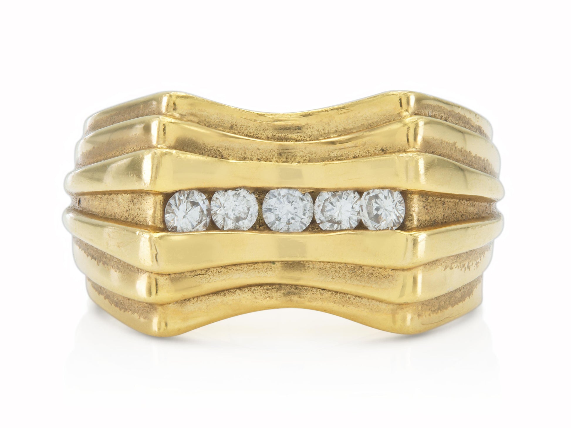 Vintage 1980s Gold Indented Dome Ring with Diamonds