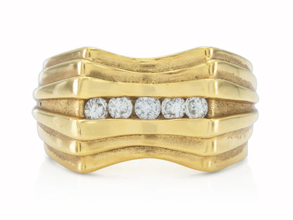 Vintage 1980s Gold Indented Dome Ring with Diamonds