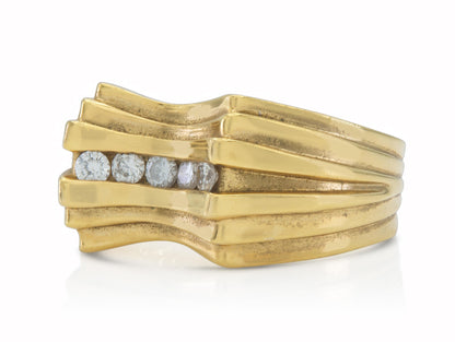 Vintage 1980s Gold Indented Dome Ring with Diamonds