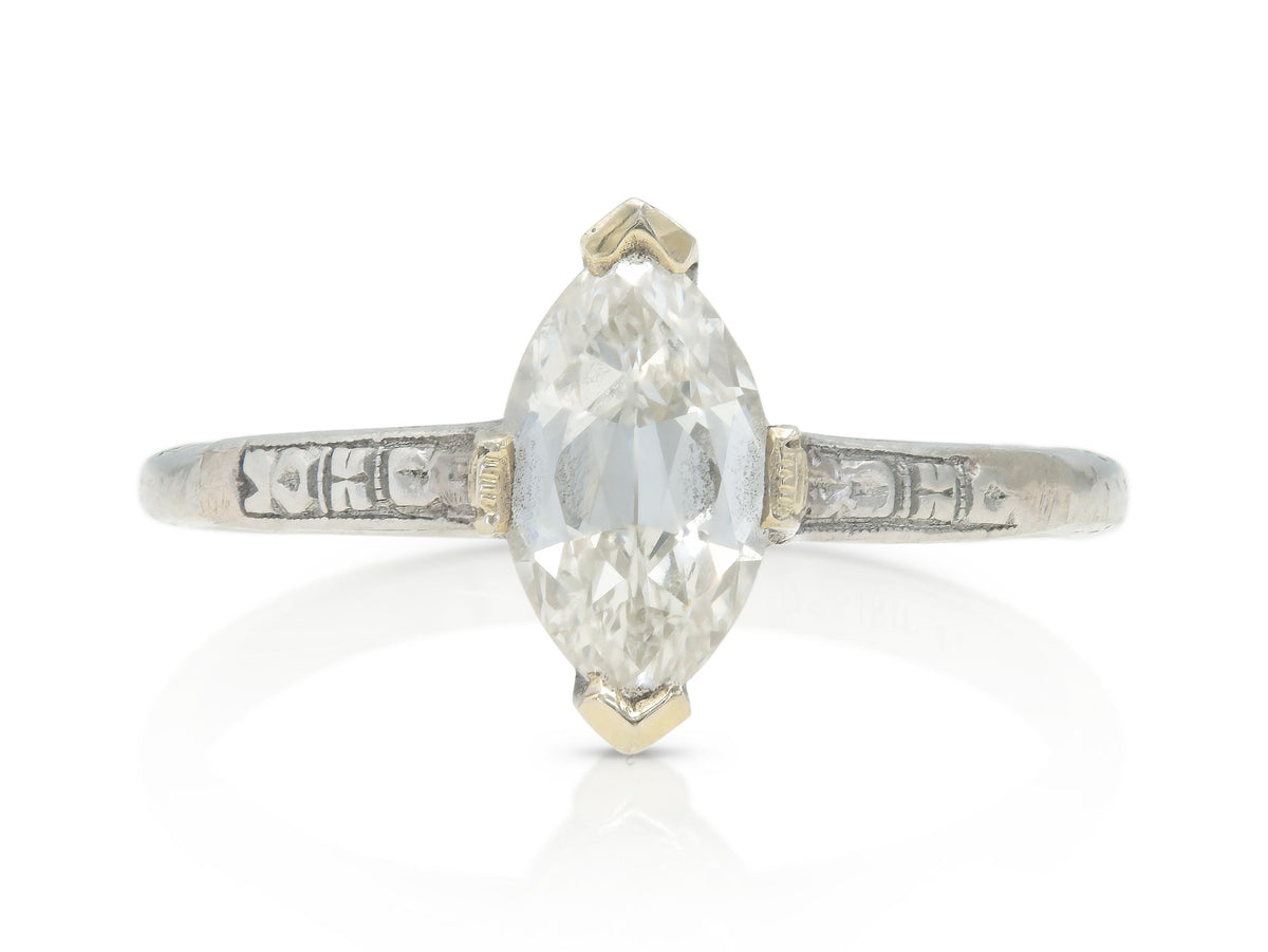 Antique Edwardian 1910s 0.88 Carat Marquise Cut Diamond Engagement Ring