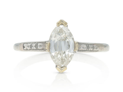 Antique Edwardian 1910s 0.88 Carat Marquise Cut Diamond Engagement Ring