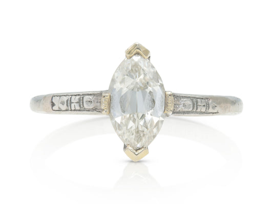 Antique Edwardian 1910s 0.88 Carat Marquise Cut Diamond Engagement Ring