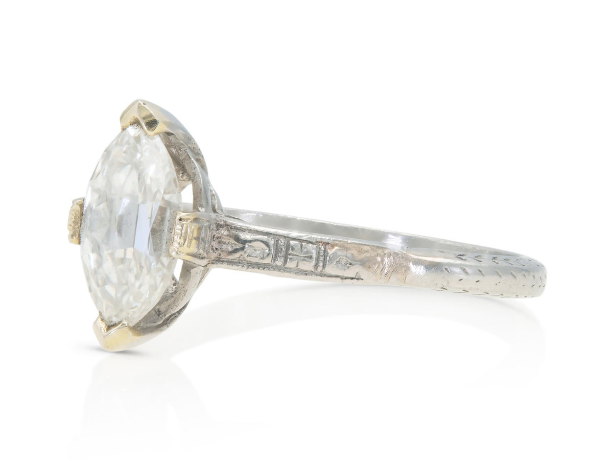 Antique Edwardian 1910s 0.88 Carat Marquise Cut Diamond Engagement Ring