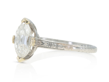 Antique Edwardian 1910s 0.88 Carat Marquise Cut Diamond Engagement Ring