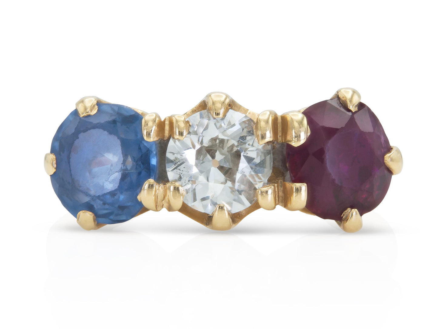 Antique Victorian Three Stone Diamond Sapphire and Ruby Ring