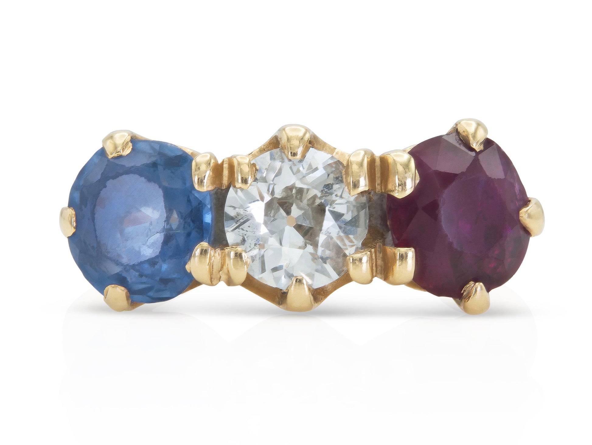 Antique Victorian Three Stone Diamond Sapphire and Ruby Ring