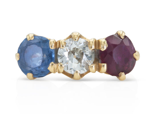 Antique Victorian Three Stone Diamond Sapphire and Ruby Ring