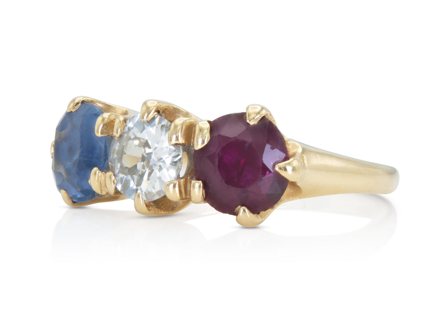 Antique Victorian Three Stone Diamond Sapphire and Ruby Ring