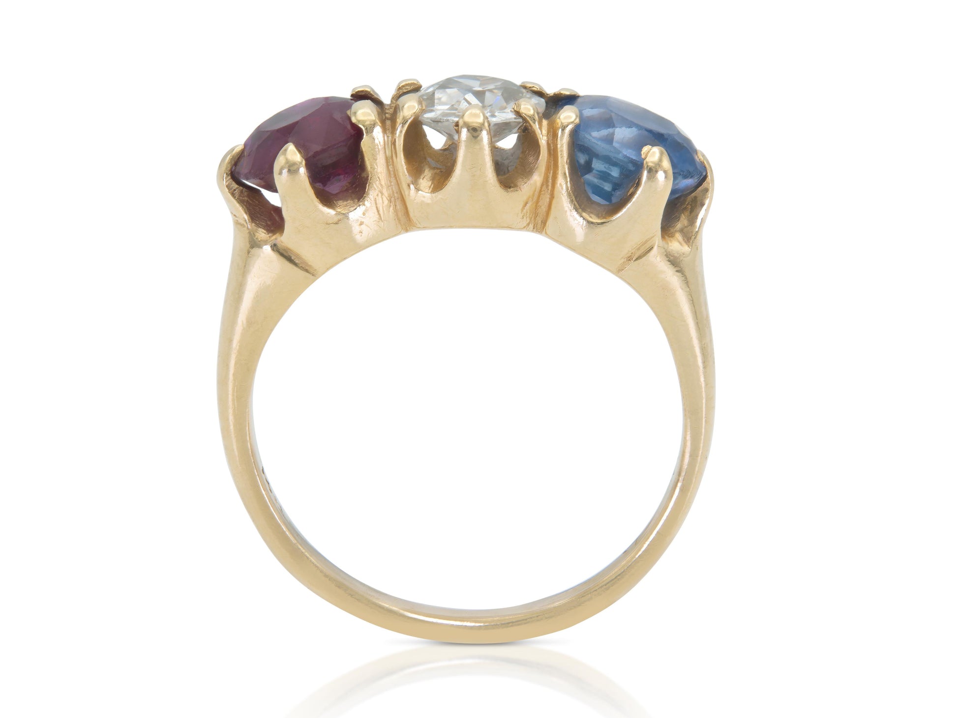 Antique Victorian Three Stone Diamond Sapphire and Ruby Ring