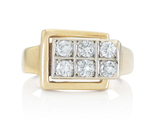 Vintage 1940s Retro Gold Buckle Ring with Diamonds