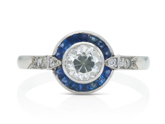 Antique Art Deco 1920s 0.60 Carat Diamond Target Ring with Sapphires