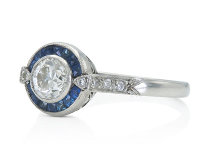 Antique Art Deco 1920s 0.60 Carat Diamond Target Ring with Sapphires