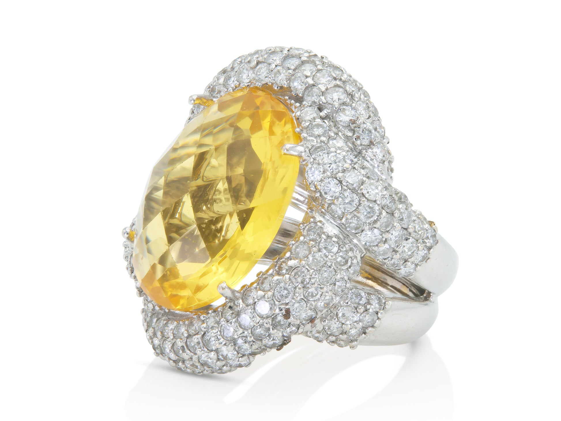 16.91 Carat Oval-Shaped Yellow Quartz Ring with Diamonds
