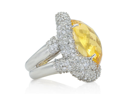 16.91 Carat Oval-Shaped Yellow Quartz Ring with Diamonds