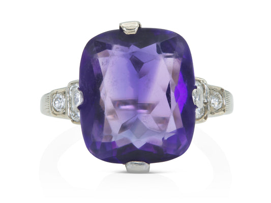 Antique Art Deco 1930s 10.00 Carat Amethyst Ring with Diamonds