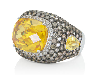 21.84 Carat Yellow Quartz Ring with Brown and White Diamonds