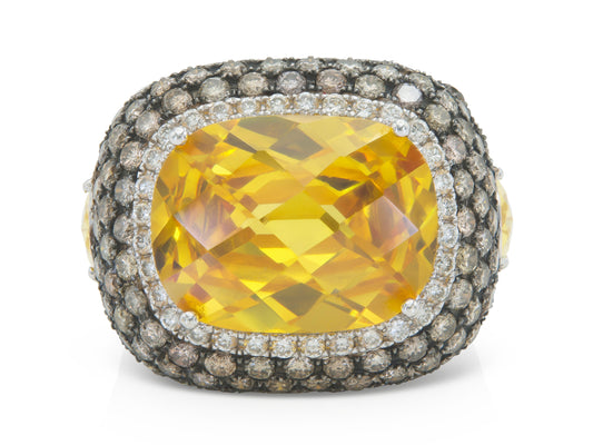 21.84 Carat Yellow Quartz Ring with Brown and White Diamonds