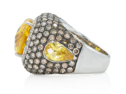 21.84 Carat Yellow Quartz Ring with Brown and White Diamonds