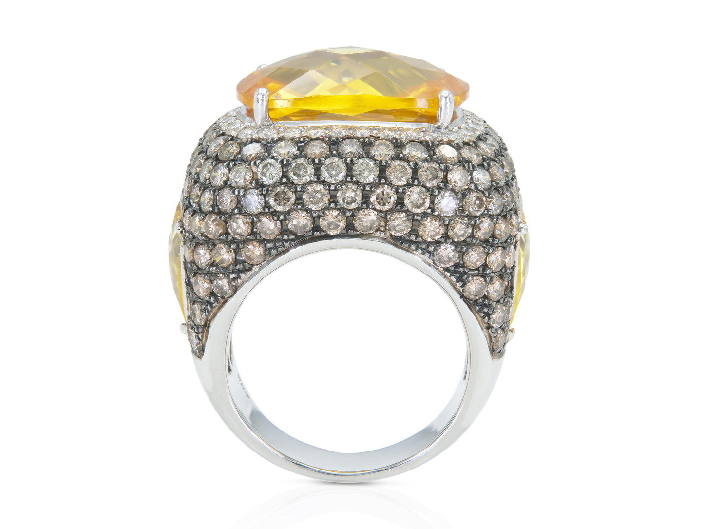 21.84 Carat Yellow Quartz Ring with Brown and White Diamonds
