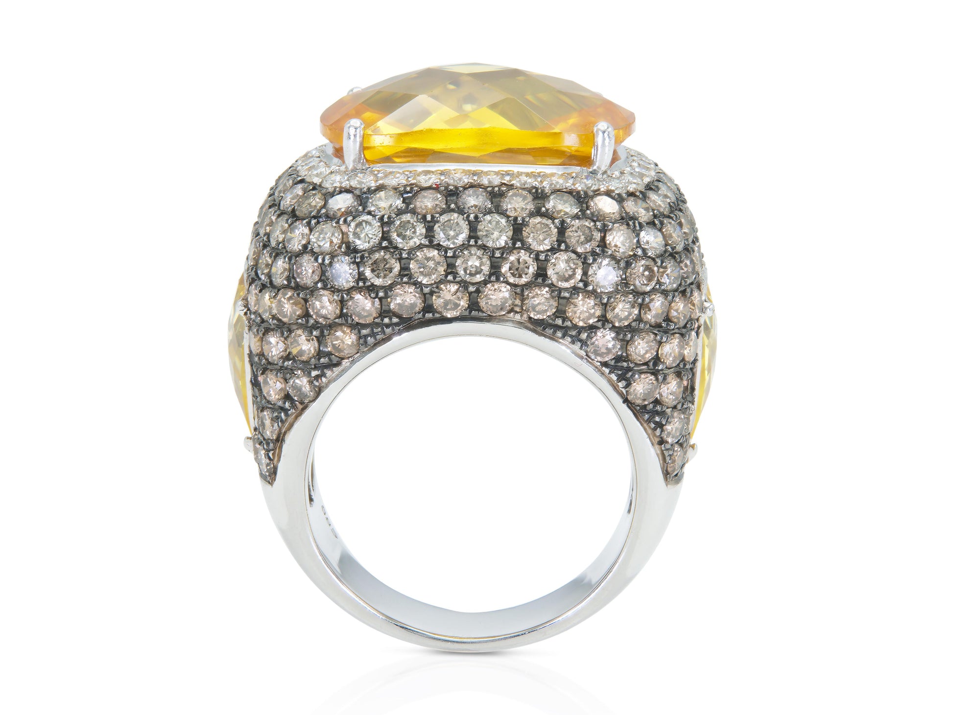 21.84 Carat Yellow Quartz Ring with Brown and White Diamonds