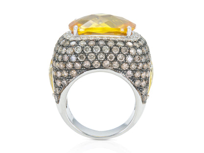 21.84 Carat Yellow Quartz Ring with Brown and White Diamonds