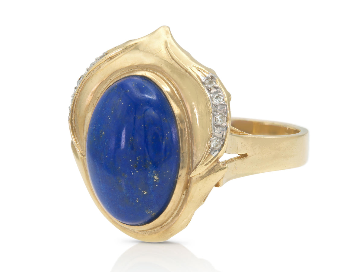 Vintage 1960s Lapis Lazuli and Gold Ring with Diamonds