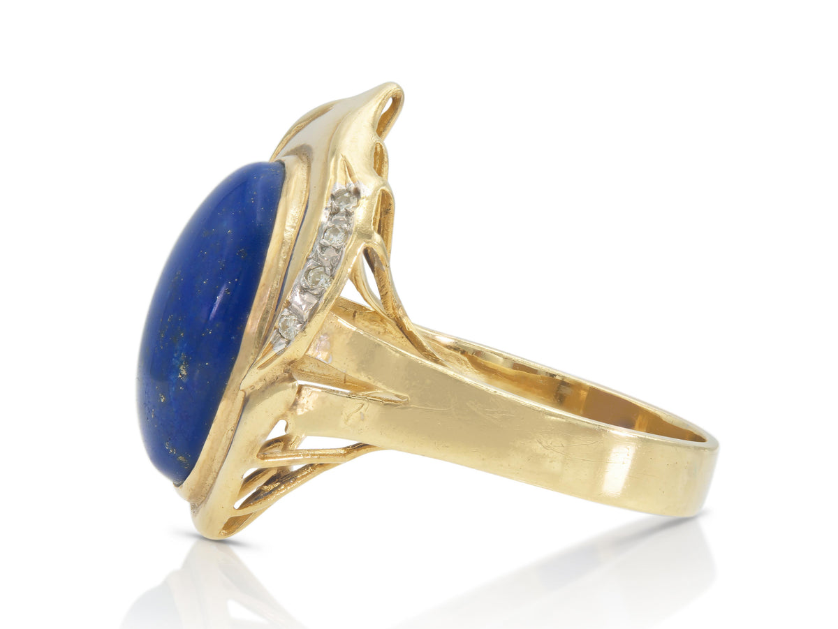 Vintage 1960s Lapis Lazuli and Gold Ring with Diamonds