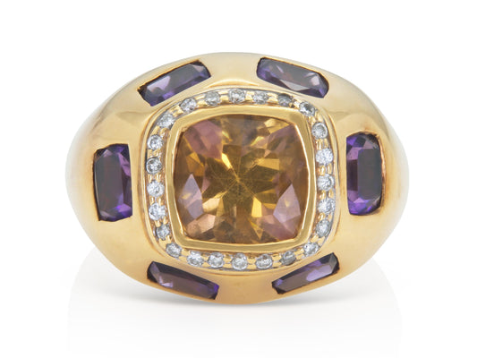 Citrine, Amethyst & Gold Ring with Diamonds