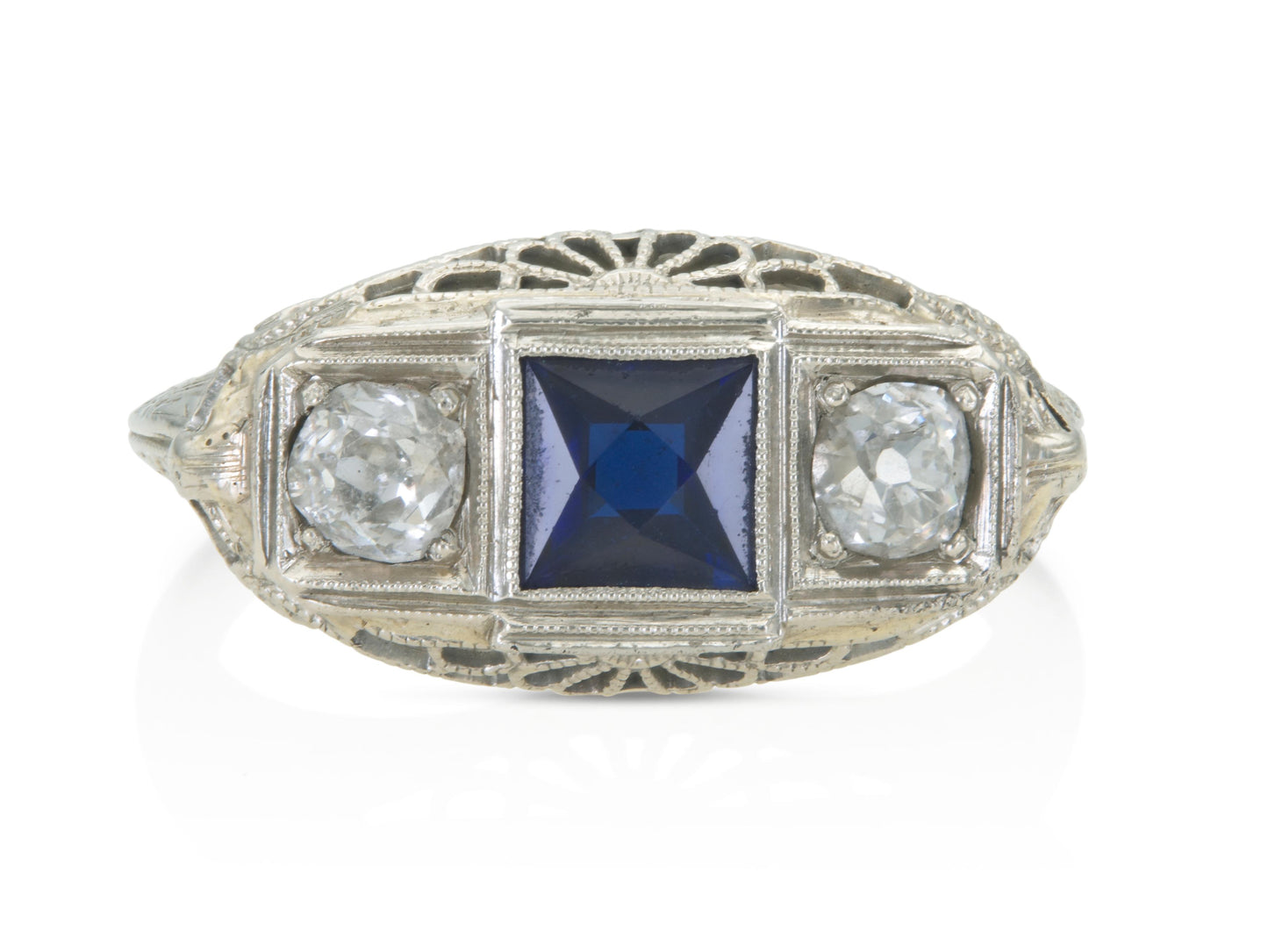 Antique Art Deco 1920s Three Stone Synthetic Sapphire and Diamond Ring