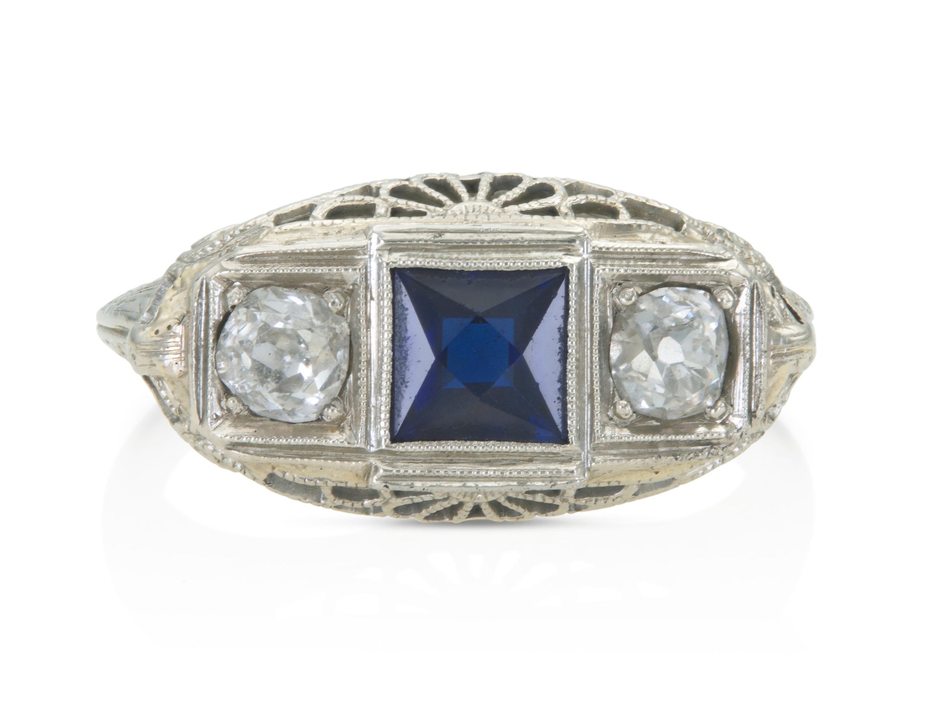 Antique Art Deco 1920s Three Stone Synthetic Sapphire and Diamond Ring