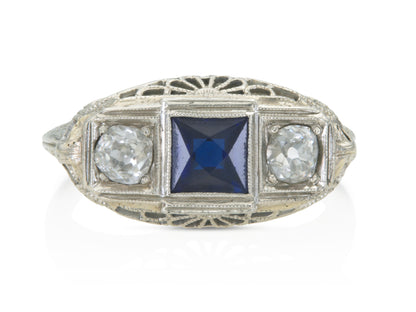 Antique Art Deco 1920s Three Stone Synthetic Sapphire and Diamond Ring